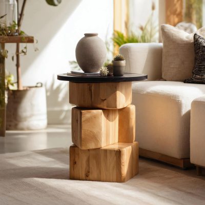 Stacked Block Wooden Side Table For Contemporary Living Rooms
