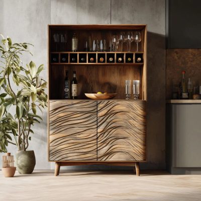 Wave Front Wooden Bar Cabinet for Organic Modern Style