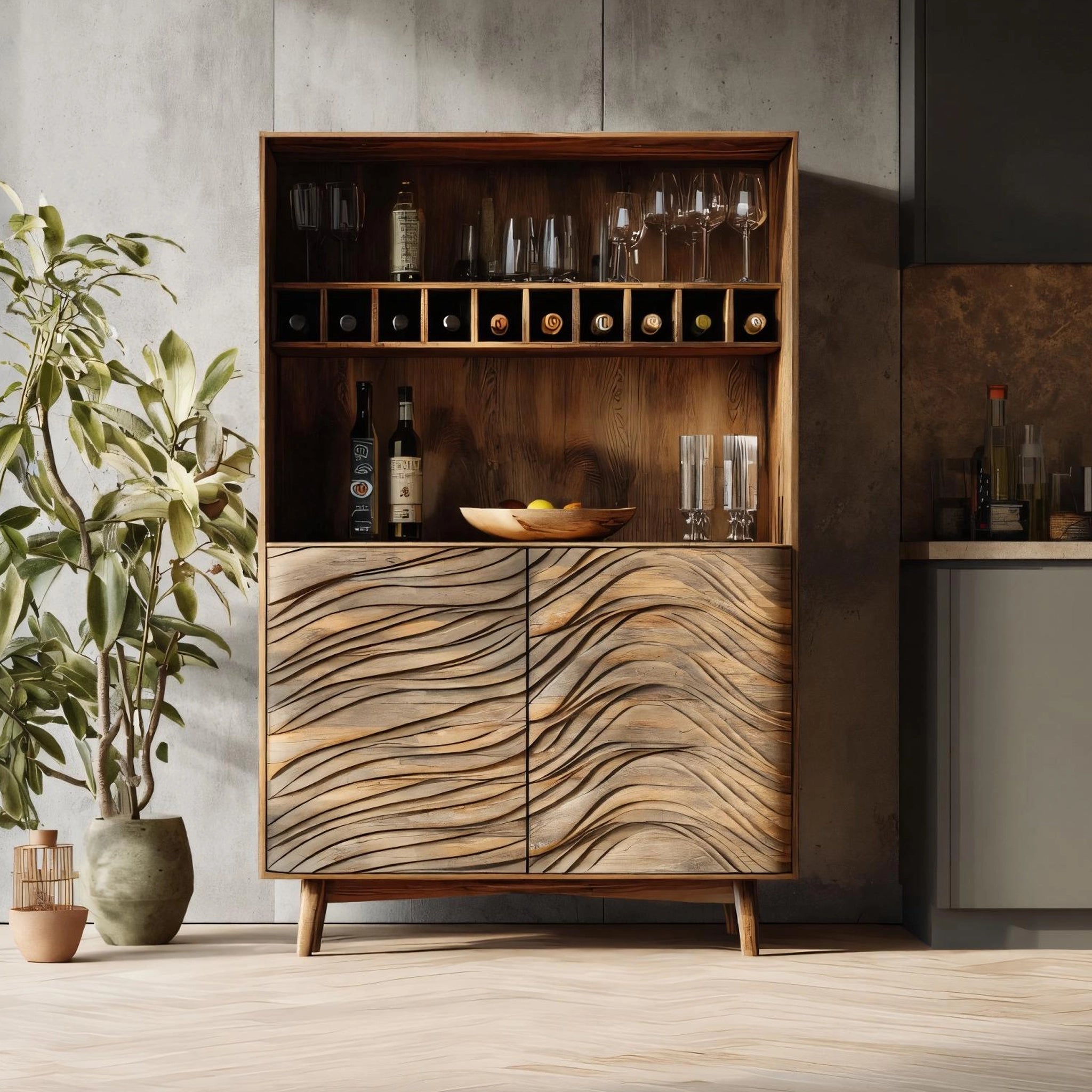 Wave Front Wooden Bar Cabinet for Organic Modern Style