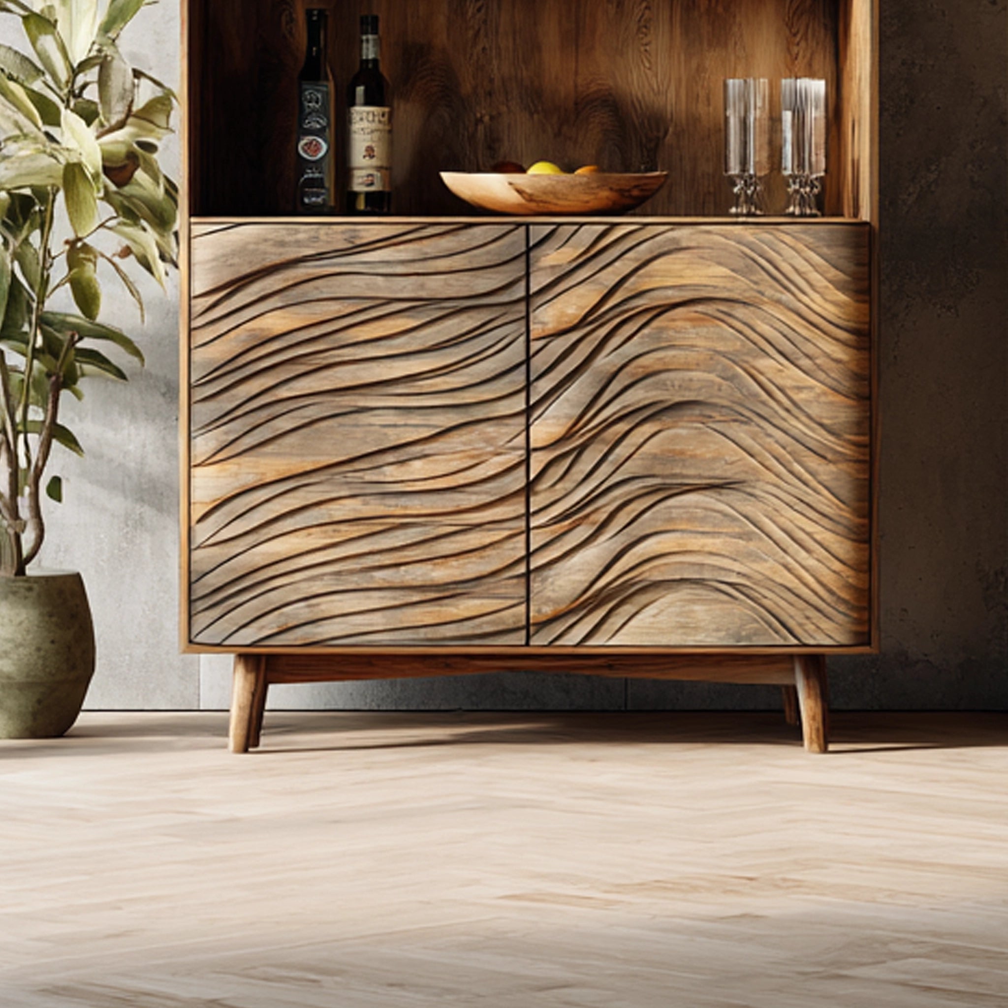 Wave Front Wooden Bar Cabinet for Organic Modern Style - Image 4