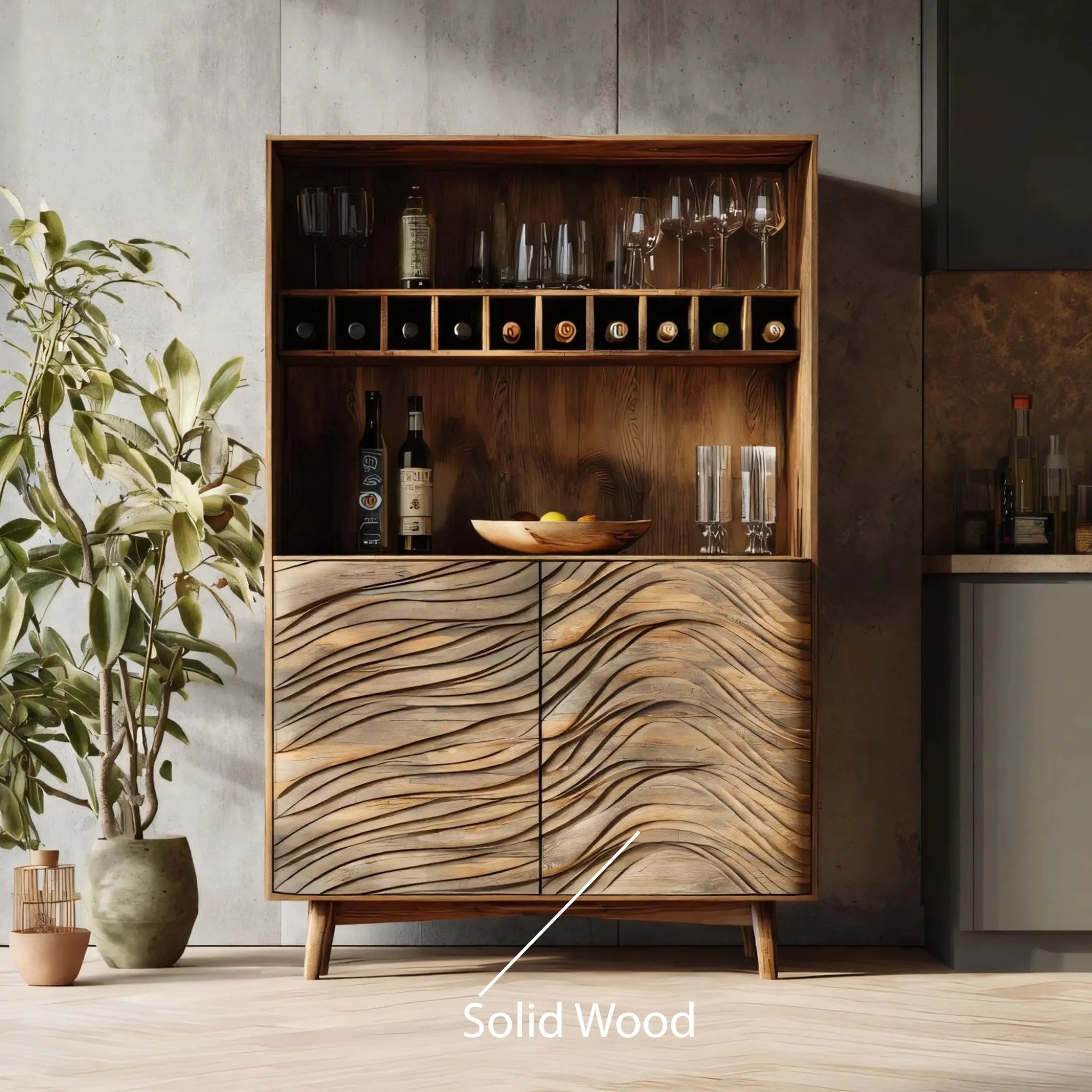 Wave Front Wooden Bar Cabinet for Organic Modern Style - Image 5