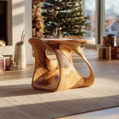 Sculptural Wooden Accent Stool For Modern Interiors