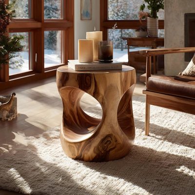 Sculptural Wooden Drum Side Table With Organic Cut-Outs