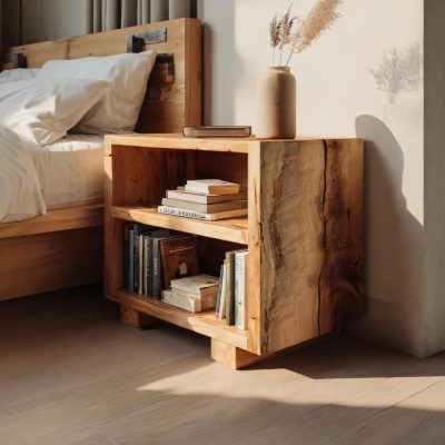 Live-Edge Wooden Nightstand With Open Shelves